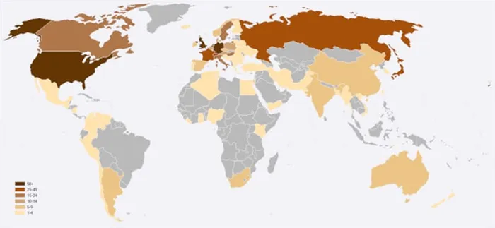 Количество Нобелевских лауреатов из различных стран (https://ru.wikipedia.org/wiki/Нобелевская_премия#/media/Файл:Worldmapnobellaureatesbycountry2.PNG)