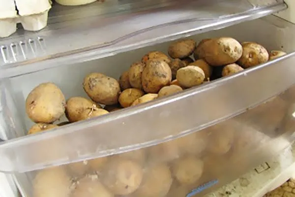 Картофель в ящике для овощей в холодильнике