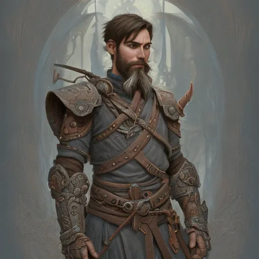 a anthropomorphic MossHubrGuide man warrior, D&D, fantasy, intricate, highly detailed, digital painting, artstation, concept art, smooth, sharp focus, illustration, art by artgerm and greg rutkowski and alphonse mucha