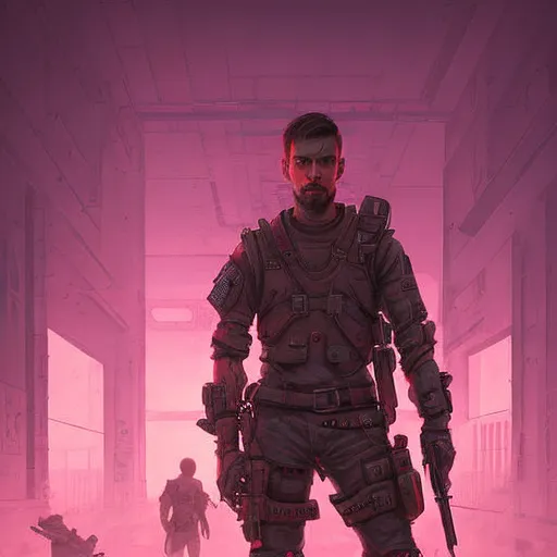 A portrait of a futuristic cyberpunk MossHubrGuide man soldier in war scene, epic scene, epic lighting, pink vibe, by greg rutkowski 