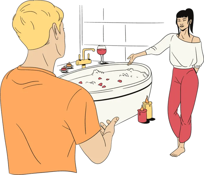 Девушка приглашает парня в ванну