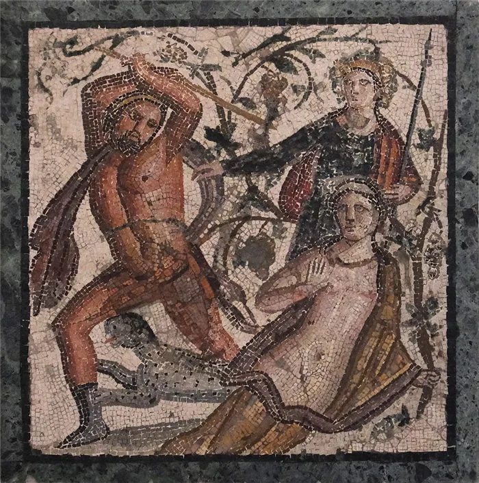 Безумие Ликурга (Ликург нападает на нимфу Амброзию, Дионис превращает ее в виноградную лозу). Мозаика из Геркуланума, 50-79 н.э.