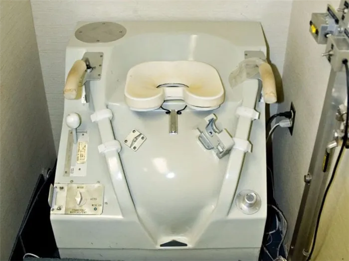 Оснащение кораблей первыми туалетами не решило всех проблем. Симулятор космического туалета шаттла. Фото.