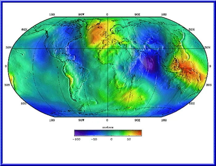 Отклонения геоида (модели EGM96) от идеализированной фигуры Земли (эллипсоида WGS 84). Видно, что поверхность океана расходится с эллипсоидом: например, на севере Индийского океана она понижена на ~100 метров, а на западе Тихого — поднята на ~80 метров.