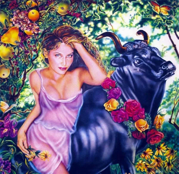 рисунок женщины с быком