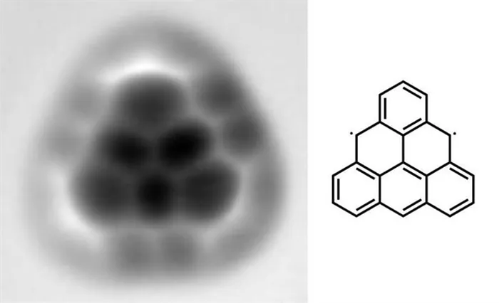 Рис. 10. Молекула триангулена под атомно-силовым микроскопом; структурная формула триангулена («Химия и жизнь» №5, 2017)